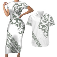 All White Maori Tribal Tattoo Personalised Couples Matching Short Sleeve Bodycon Dress and Hawaiian Shirt Moss Green Polynesian Style - Polynesian Pride