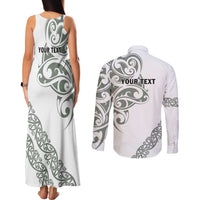 All White Maori Tribal Tattoo Personalised Couples Matching Tank Maxi Dress and Long Sleeve Button Shirt Moss Green Polynesian Style - Polynesian Pride