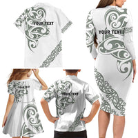 All White Maori Tribal Tattoo Personalised Family Matching Long Sleeve Bodycon Dress and Hawaiian Shirt Moss Green Polynesian Style - Polynesian Pride