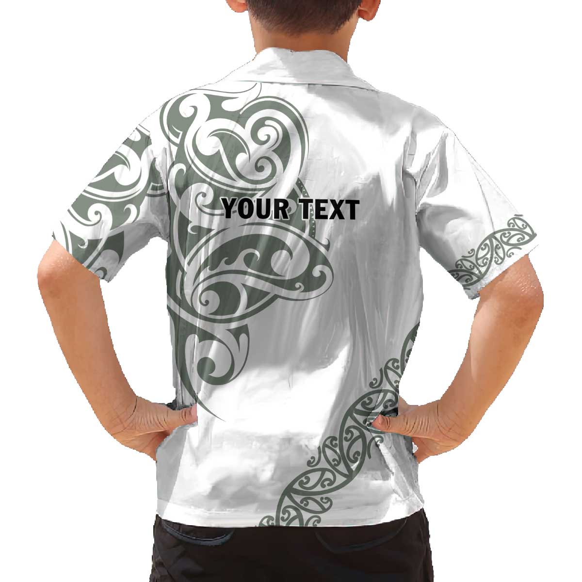 All White Maori Tribal Tattoo Personalised Family Matching Off The Shoulder Long Sleeve Dress and Hawaiian Shirt Moss Green Polynesian Style - Polynesian Pride