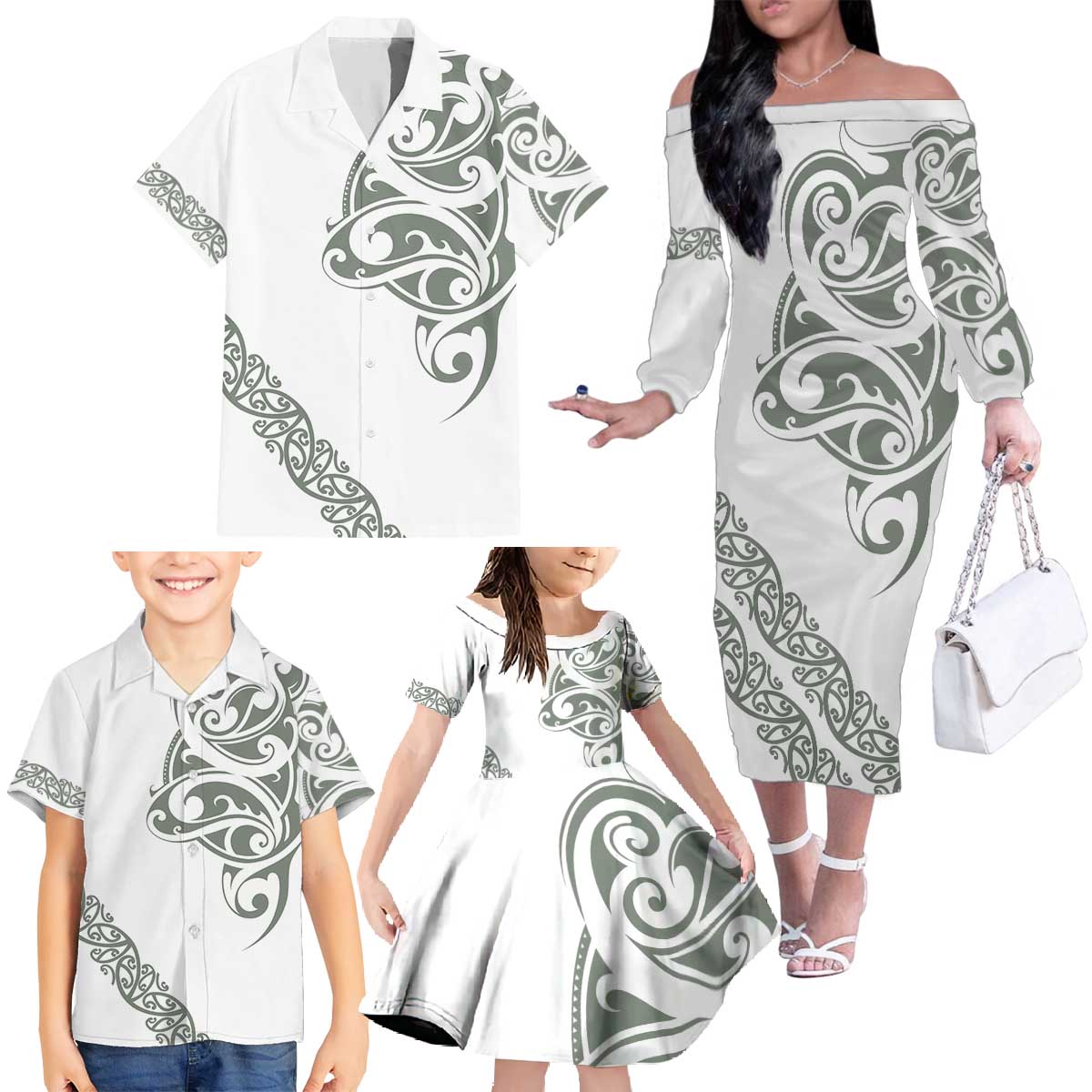 All White Maori Tribal Tattoo Personalised Family Matching Off The Shoulder Long Sleeve Dress and Hawaiian Shirt Moss Green Polynesian Style - Polynesian Pride