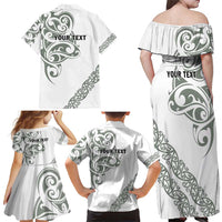 All White Maori Tribal Tattoo Personalised Family Matching Off Shoulder Maxi Dress and Hawaiian Shirt Moss Green Polynesian Style - Polynesian Pride