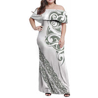 All White Maori Tribal Tattoo Personalised Family Matching Off Shoulder Maxi Dress and Hawaiian Shirt Moss Green Polynesian Style - Polynesian Pride