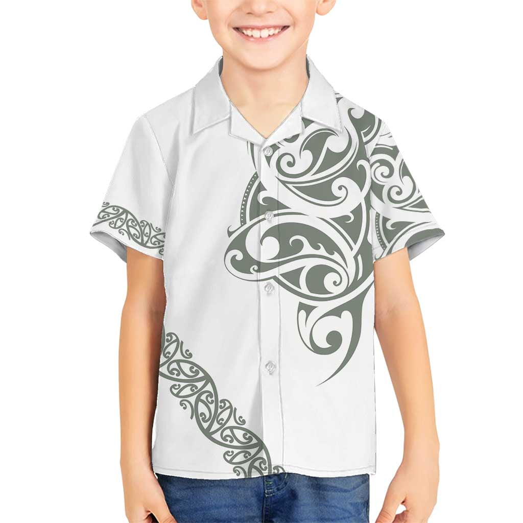 All White Maori Tribal Tattoo Personalised Family Matching Puletasi and Hawaiian Shirt Moss Green Polynesian Style LT9 Son's Shirt Green - Polynesian Pride