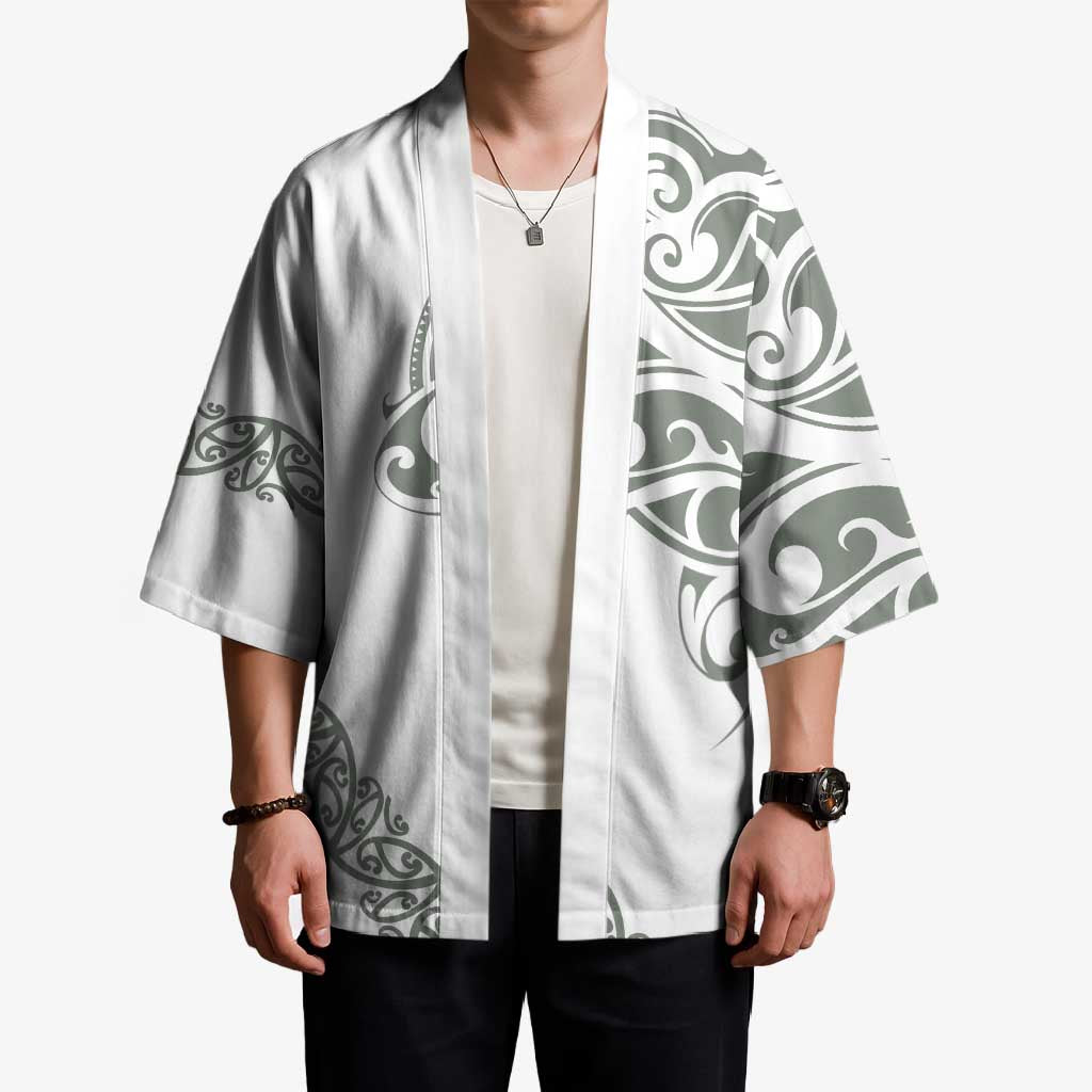 All White Maori Tribal Tattoo Personalised Kimono Moss Green Polynesian Style - Polynesian Pride