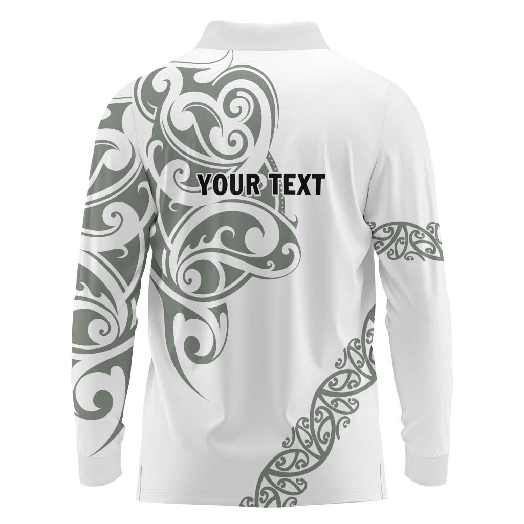 All White Maori Tribal Tattoo Personalised Long Sleeve Polo Shirt Moss Green Polynesian Style - Polynesian Pride
