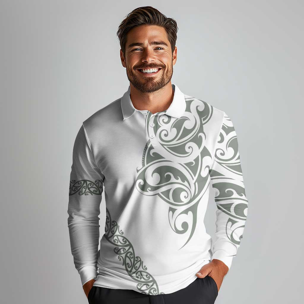All White Maori Tribal Tattoo Personalised Long Sleeve Polo Shirt Moss Green Polynesian Style - Polynesian Pride