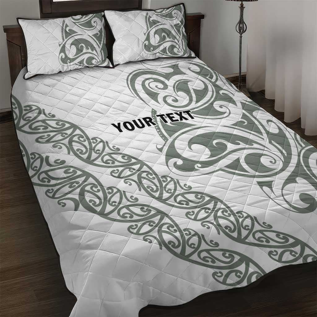 All White Maori Tribal Tattoo Personalised Quilt Bed Set Moss Green Polynesian Style - Polynesian Pride
