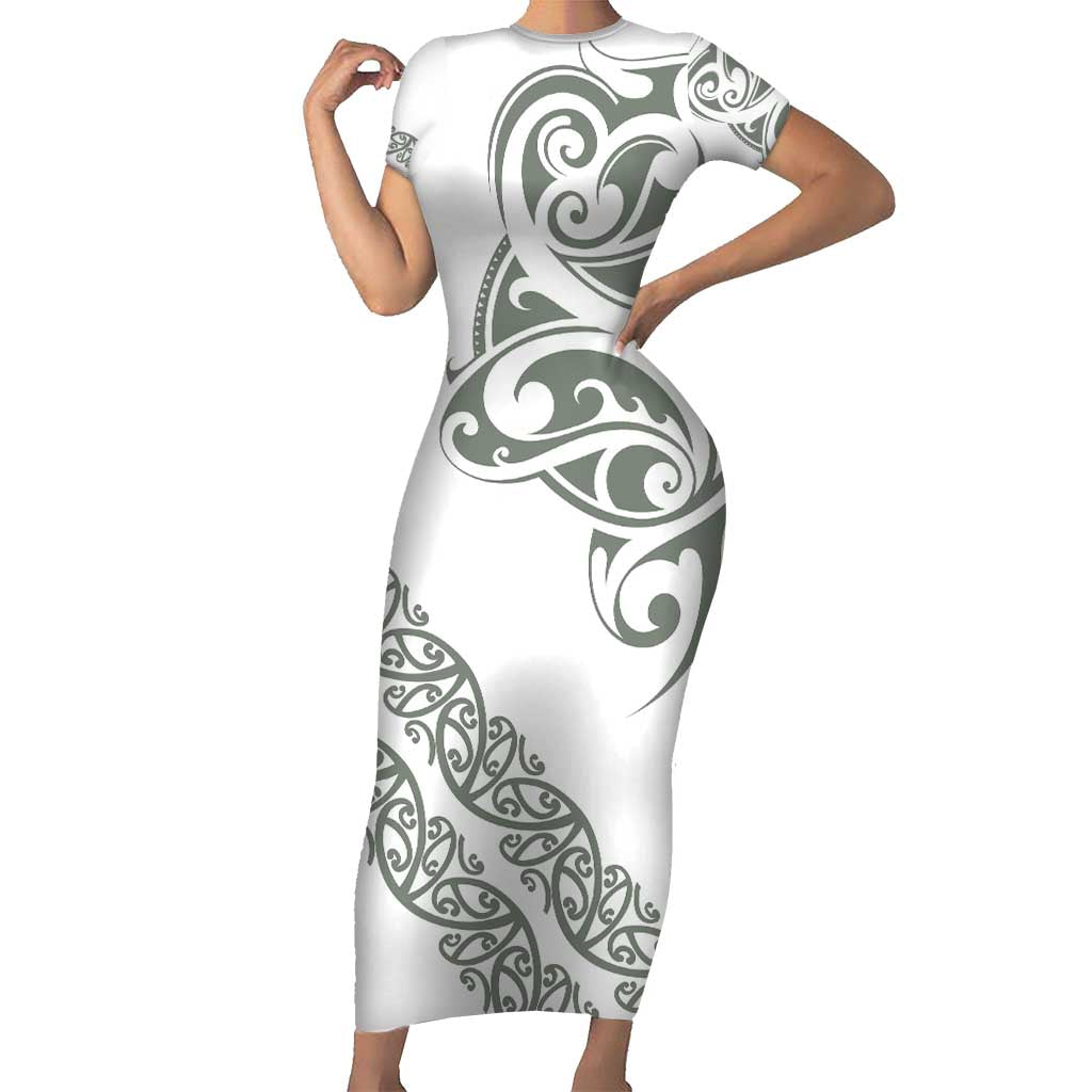 All White Maori Tribal Tattoo Personalised Short Sleeve Bodycon Dress Moss Green Polynesian Style - Polynesian Pride