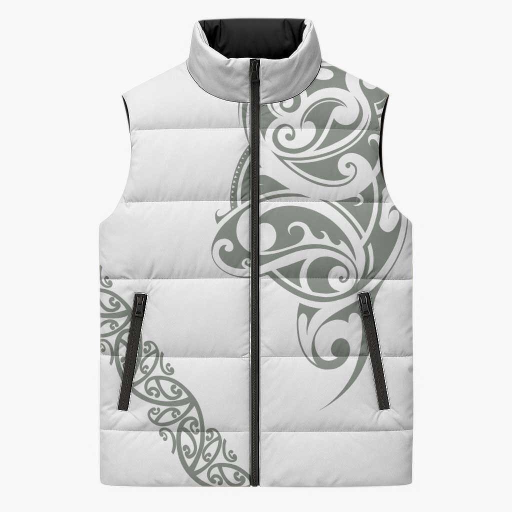 All White Maori Tribal Tattoo Personalised Sleeveless Puffer Jacket Moss Green Polynesian Style - Polynesian Pride