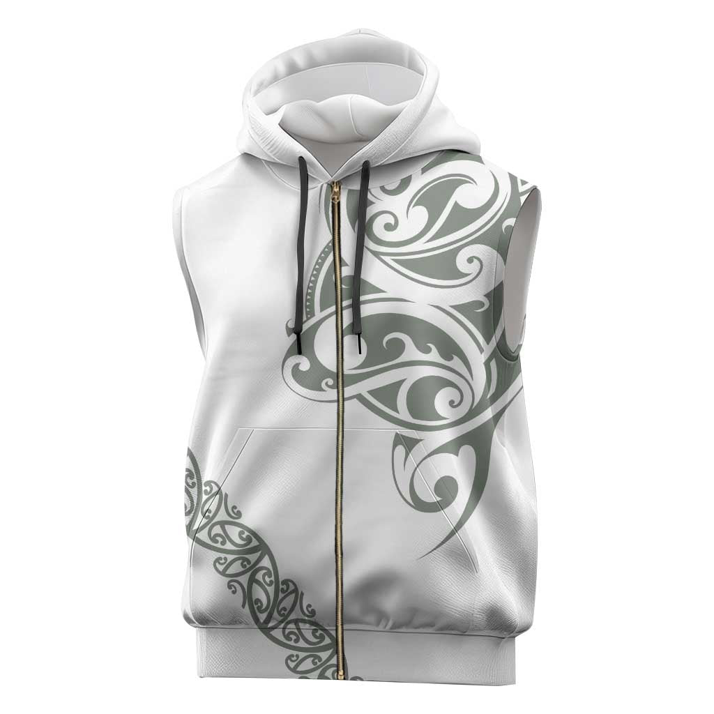 All White Maori Tribal Tattoo Personalised Sleeveless Zip Hoodie Moss Green Polynesian Style - Polynesian Pride