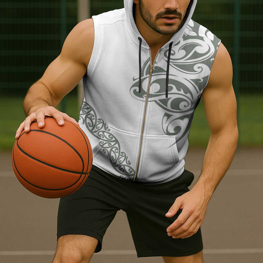 All White Maori Tribal Tattoo Personalised Sleeveless Zip Hoodie Moss Green Polynesian Style - Polynesian Pride