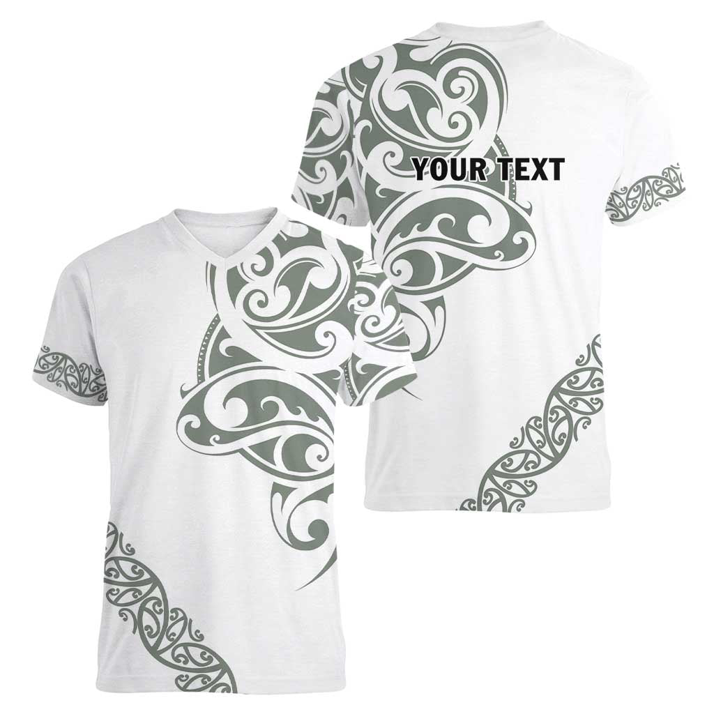 All White Maori Tribal Tattoo Personalised Women V-Neck T-Shirt Moss Green Polynesian Style - Polynesian Pride