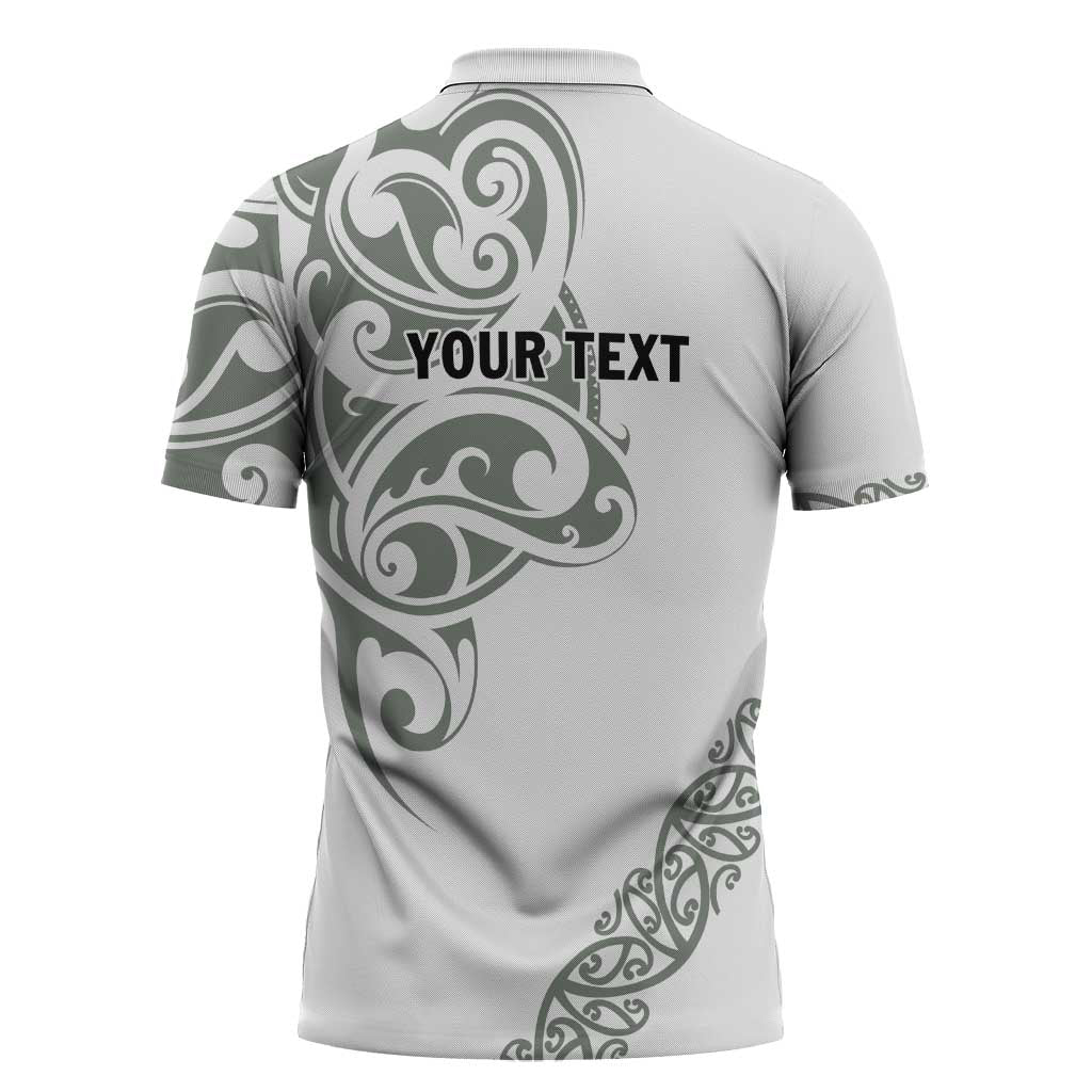 All White Maori Tribal Tattoo Personalised Zipper Polo Shirt Moss Green Polynesian Style - Polynesian Pride