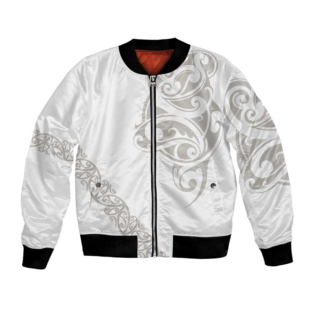 All White Maori Tribal Tattoo Personalised Bomber Jacket Stone Gray Polynesian Style - Polynesian Pride