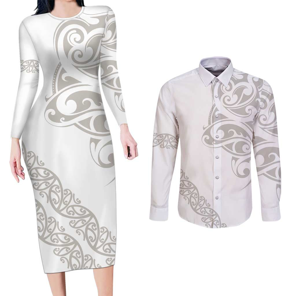 All White Maori Tribal Tattoo Personalised Couples Matching Long Sleeve Bodycon Dress and Long Sleeve Button Shirt Stone Gray Polynesian Style - Polynesian Pride