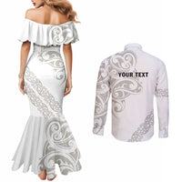All White Maori Tribal Tattoo Personalised Couples Matching Mermaid Dress and Long Sleeve Button Shirt Stone Gray Polynesian Style - Polynesian Pride