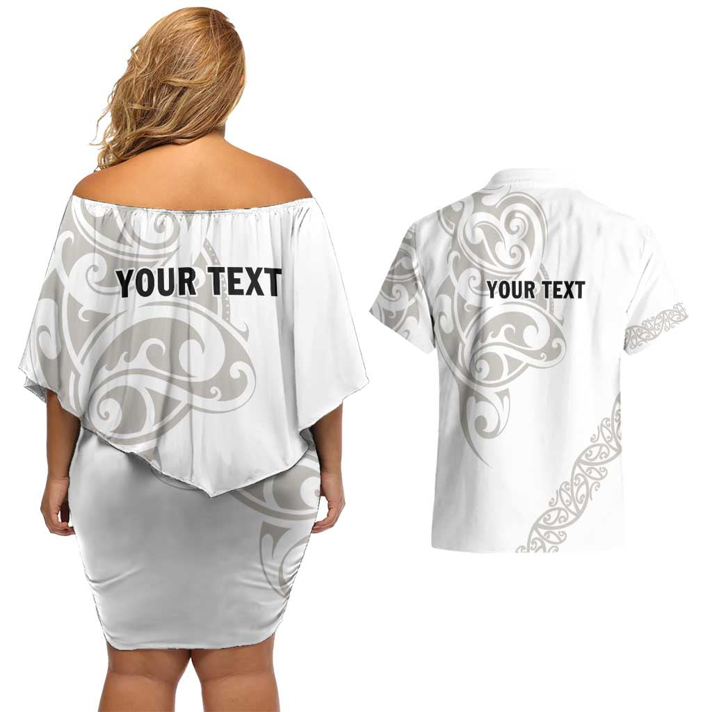 All White Maori Tribal Tattoo Personalised Couples Matching Off Shoulder Short Dress and Hawaiian Shirt Stone Gray Polynesian Style - Polynesian Pride