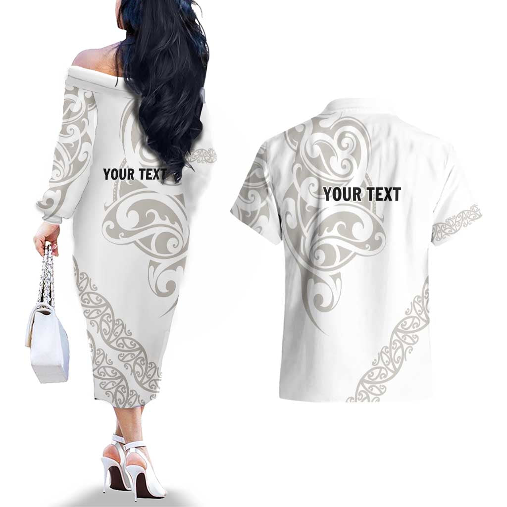 All White Maori Tribal Tattoo Personalised Couples Matching Off The Shoulder Long Sleeve Dress and Hawaiian Shirt Stone Gray Polynesian Style - Polynesian Pride