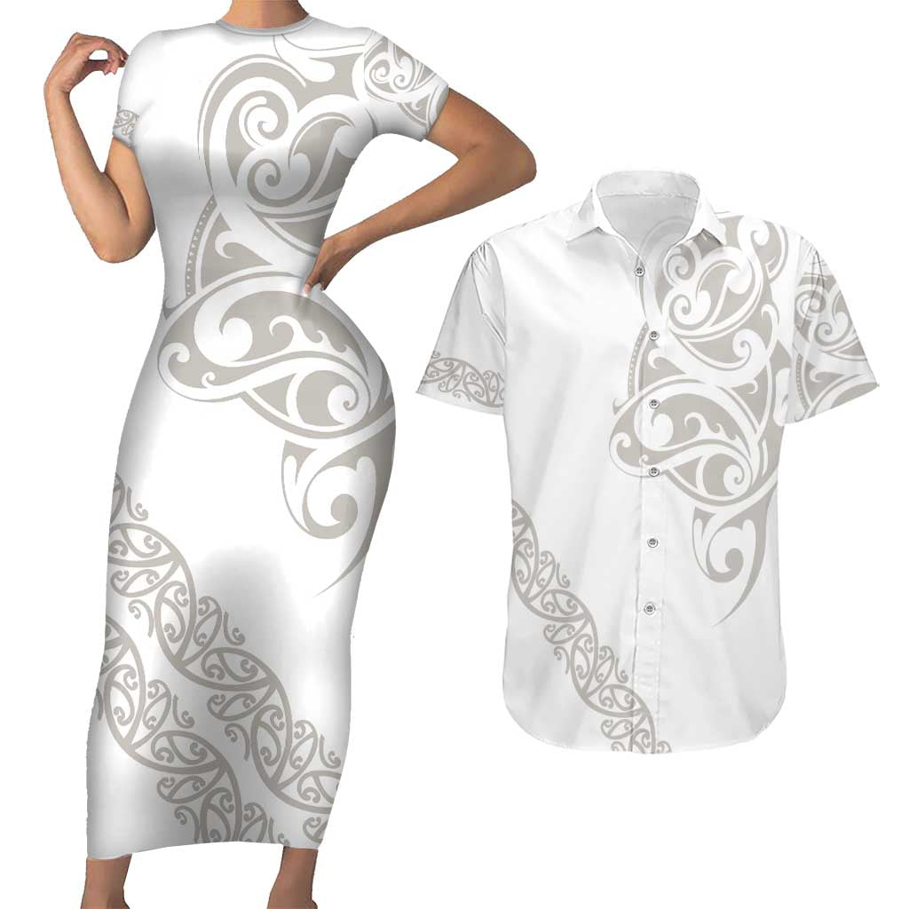 All White Maori Tribal Tattoo Personalised Couples Matching Short Sleeve Bodycon Dress and Hawaiian Shirt Stone Gray Polynesian Style - Polynesian Pride