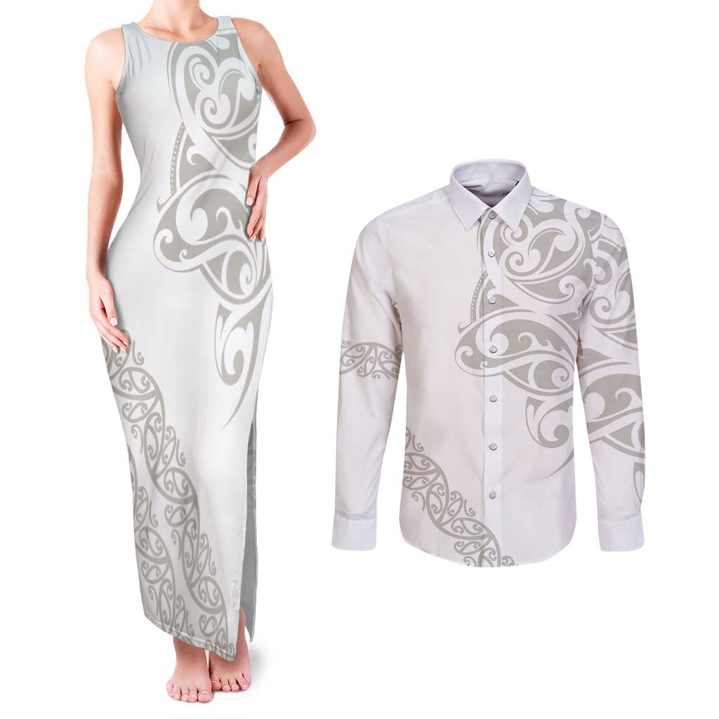 All White Maori Tribal Tattoo Personalised Couples Matching Tank Maxi Dress and Long Sleeve Button Shirt Stone Gray Polynesian Style - Polynesian Pride