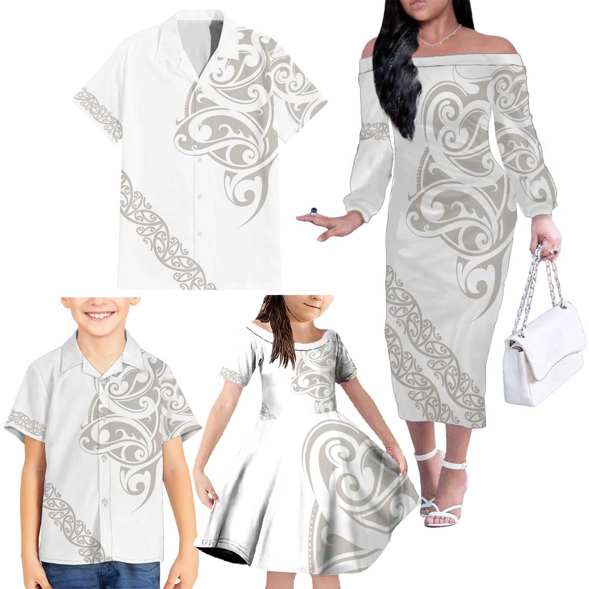 All White Maori Tribal Tattoo Personalised Family Matching Off The Shoulder Long Sleeve Dress and Hawaiian Shirt Stone Gray Polynesian Style - Polynesian Pride
