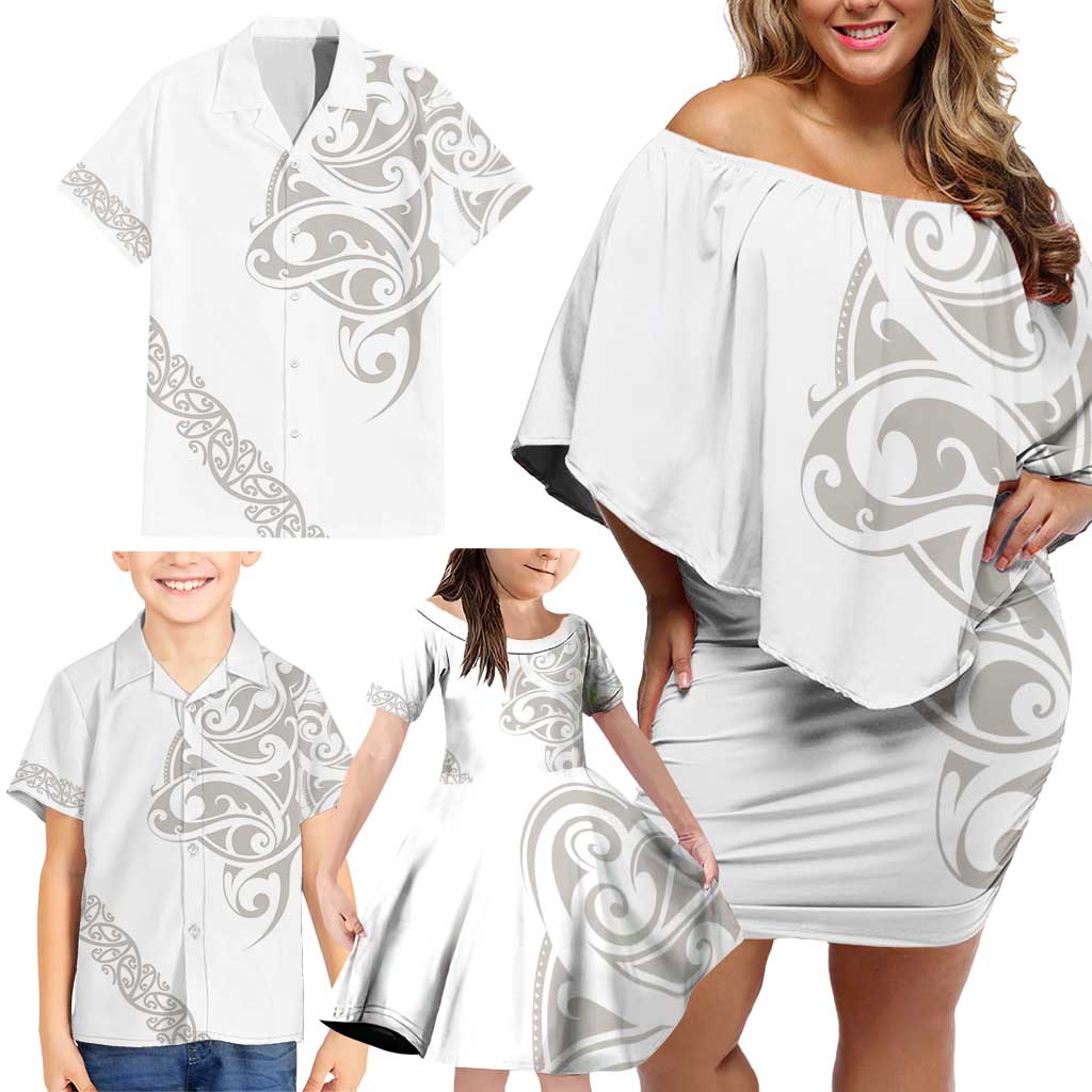 All White Maori Tribal Tattoo Personalised Family Matching Off Shoulder Short Dress and Hawaiian Shirt Stone Gray Polynesian Style - Polynesian Pride