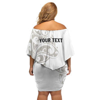 All White Maori Tribal Tattoo Personalised Family Matching Off Shoulder Short Dress and Hawaiian Shirt Stone Gray Polynesian Style - Polynesian Pride