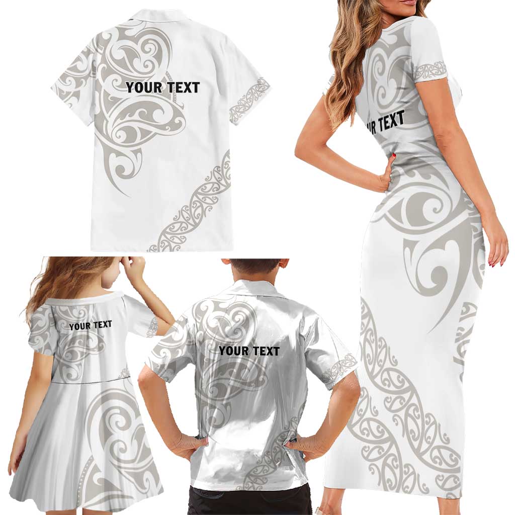 All White Maori Tribal Tattoo Personalised Family Matching Short Sleeve Bodycon Dress and Hawaiian Shirt Stone Gray Polynesian Style - Polynesian Pride