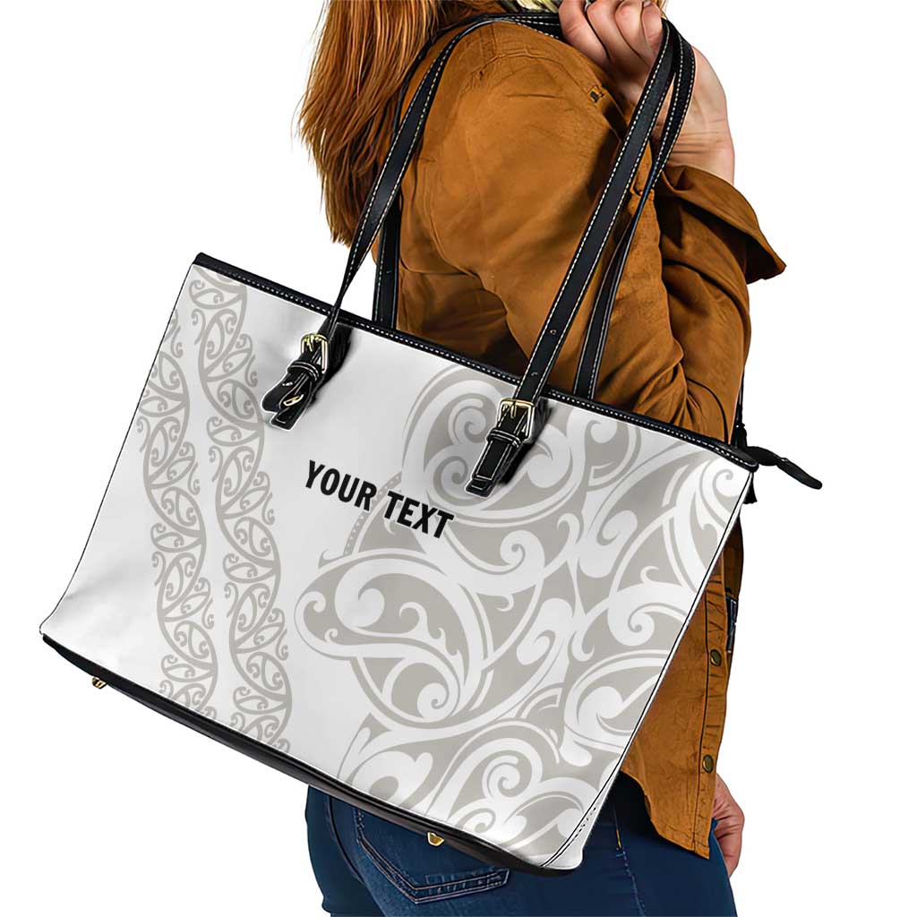 All White Maori Tribal Tattoo Personalised Leather Tote Bag Stone Gray Polynesian Style - Polynesian Pride