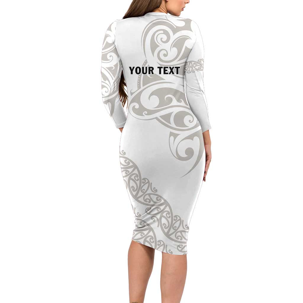 All White Maori Tribal Tattoo Personalised Long Sleeve Bodycon Dress Stone Gray Polynesian Style - Polynesian Pride