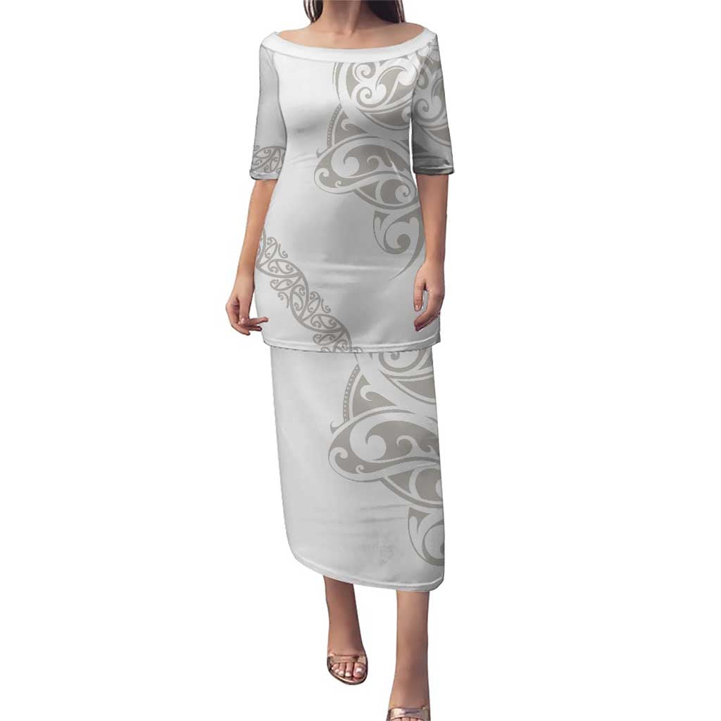 All White Maori Tribal Tattoo Personalised Puletasi Stone Gray Polynesian Style LT9 Long Dress Gray - Polynesian Pride