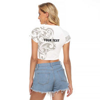 All White Maori Tribal Tattoo Personalised Raglan Cropped T Shirt Stone Gray Polynesian Style LT9 - Polynesian Pride