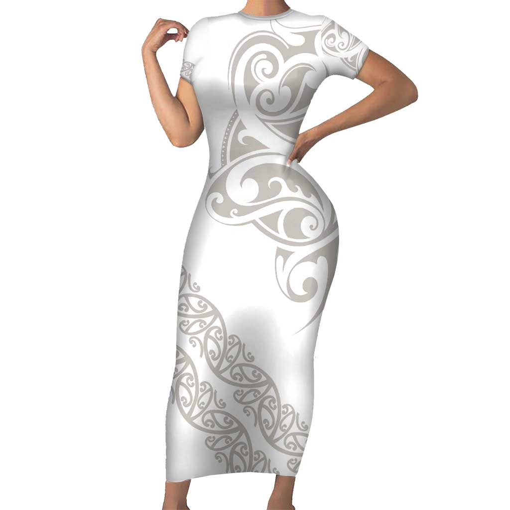 All White Maori Tribal Tattoo Personalised Short Sleeve Bodycon Dress Stone Gray Polynesian Style - Polynesian Pride