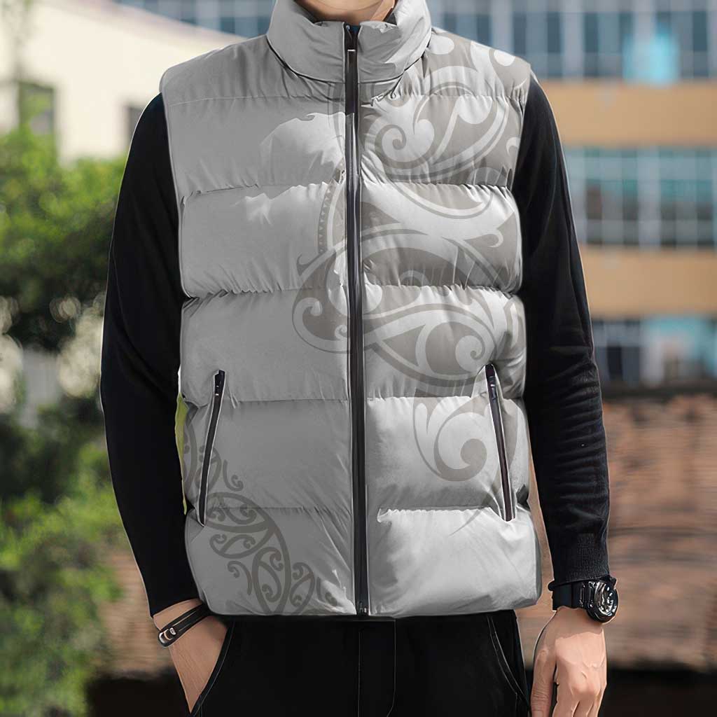 All White Maori Tribal Tattoo Personalised Sleeveless Puffer Jacket Stone Gray Polynesian Style - Polynesian Pride