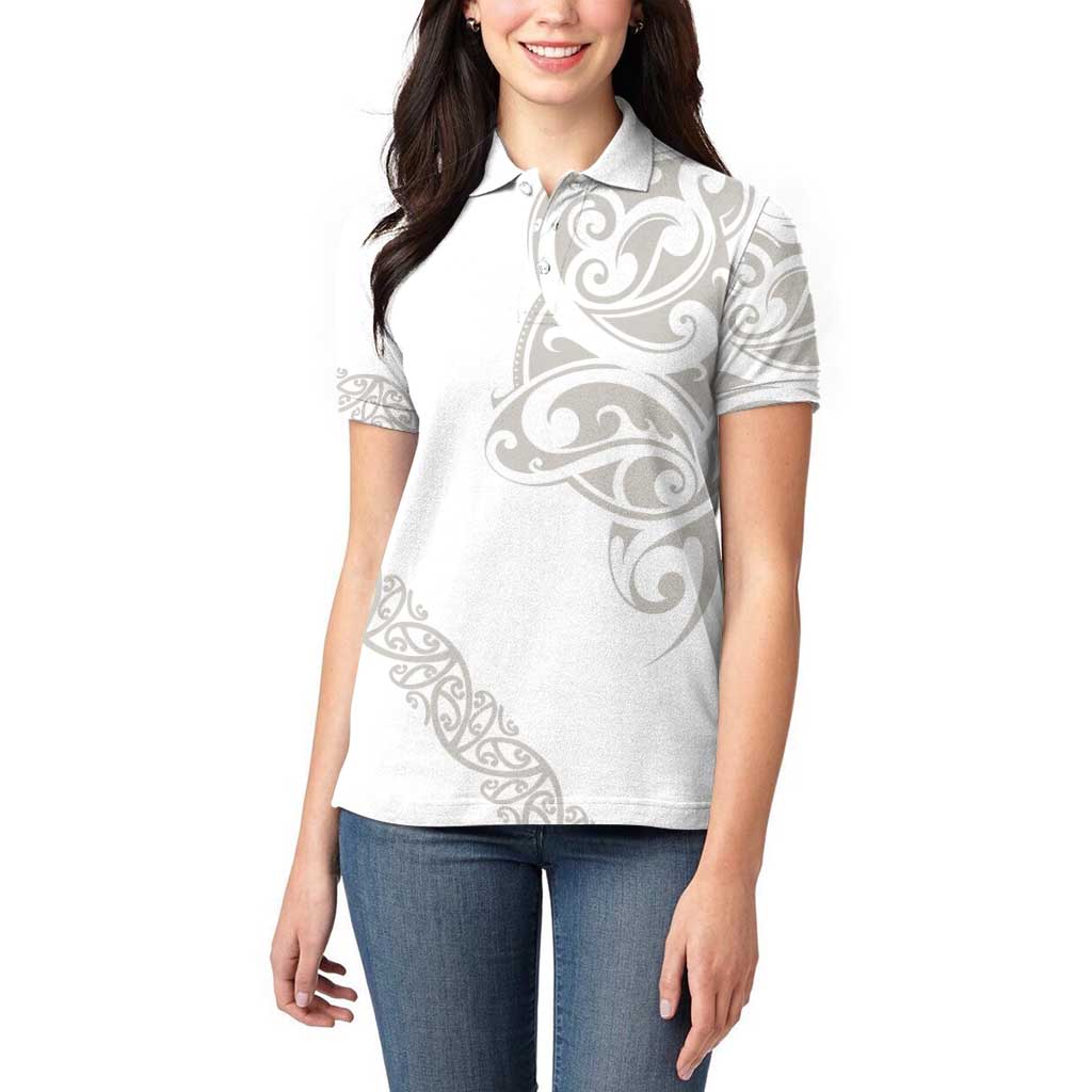 All White Maori Tribal Tattoo Personalised Women Polo Shirt Stone Gray Polynesian Style - Polynesian Pride