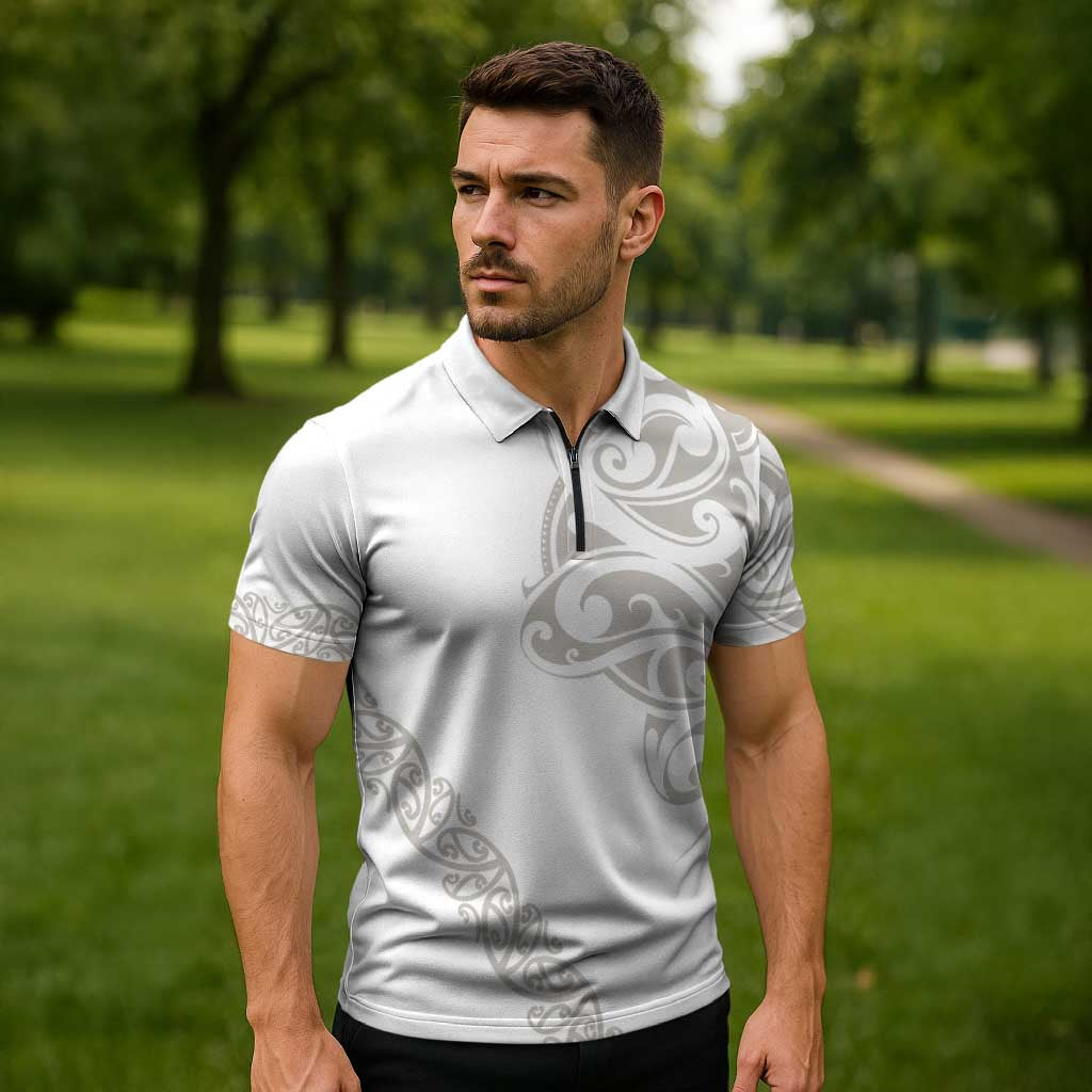 All White Maori Tribal Tattoo Personalised Zipper Polo Shirt Stone Gray Polynesian Style - Polynesian Pride