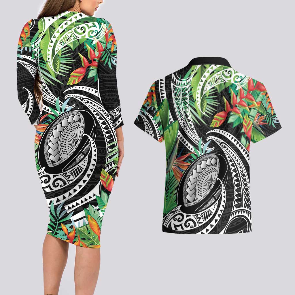 Polynesian Pacific Rugby Tribal Couples Matching Long Sleeve Bodycon Dress and Hawaiian Shirt Tropical Vibe