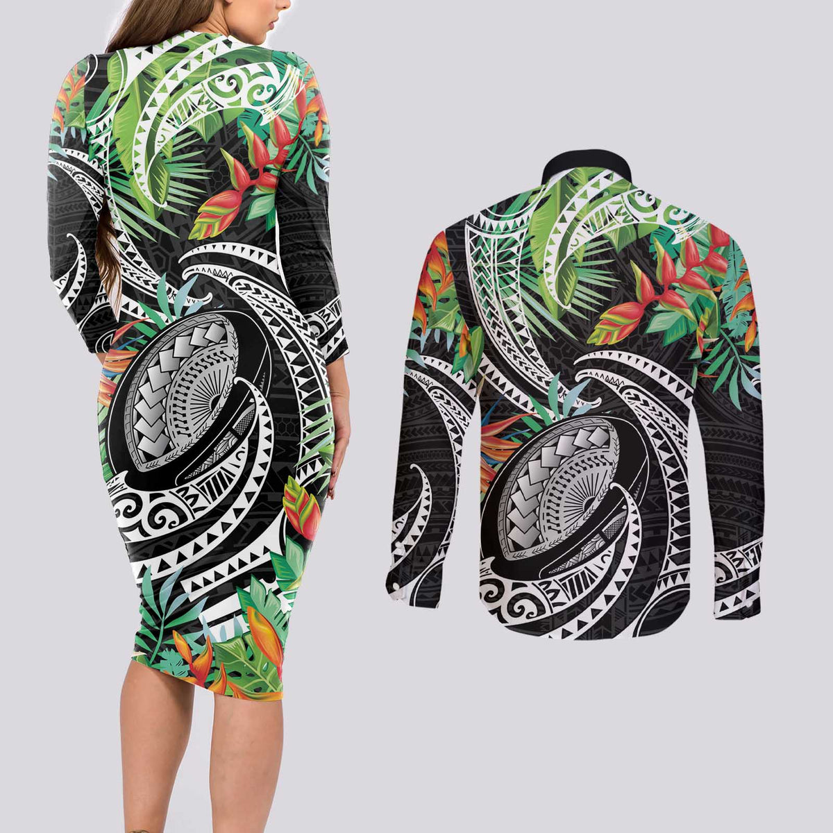 Polynesian Pacific Rugby Tribal Couples Matching Long Sleeve Bodycon Dress and Long Sleeve Button Shirt Tropical Vibe