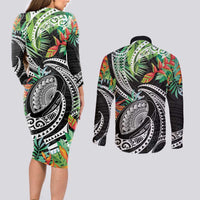 Polynesian Pacific Rugby Tribal Couples Matching Long Sleeve Bodycon Dress and Long Sleeve Button Shirt Tropical Vibe