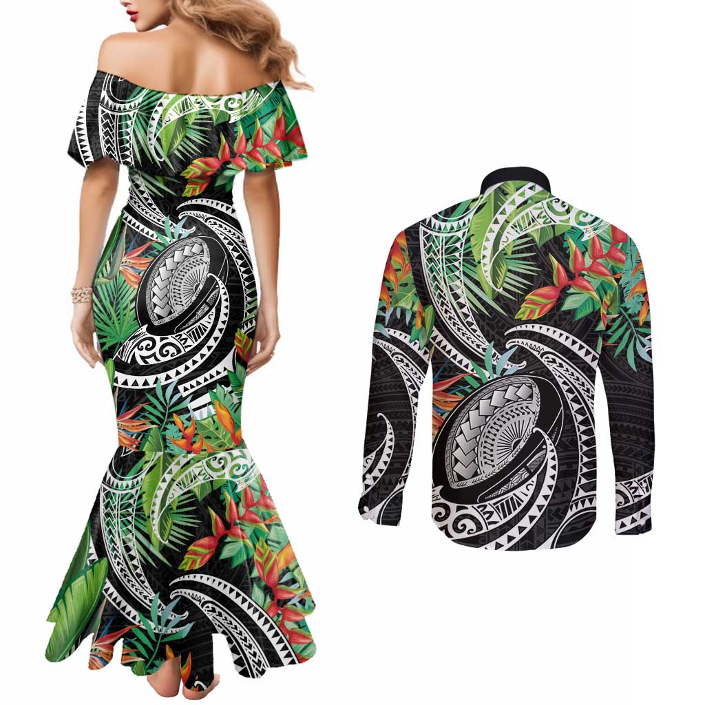 Polynesian Pacific Rugby Tribal Couples Matching Mermaid Dress and Long Sleeve Button Shirt Tropical Vibe