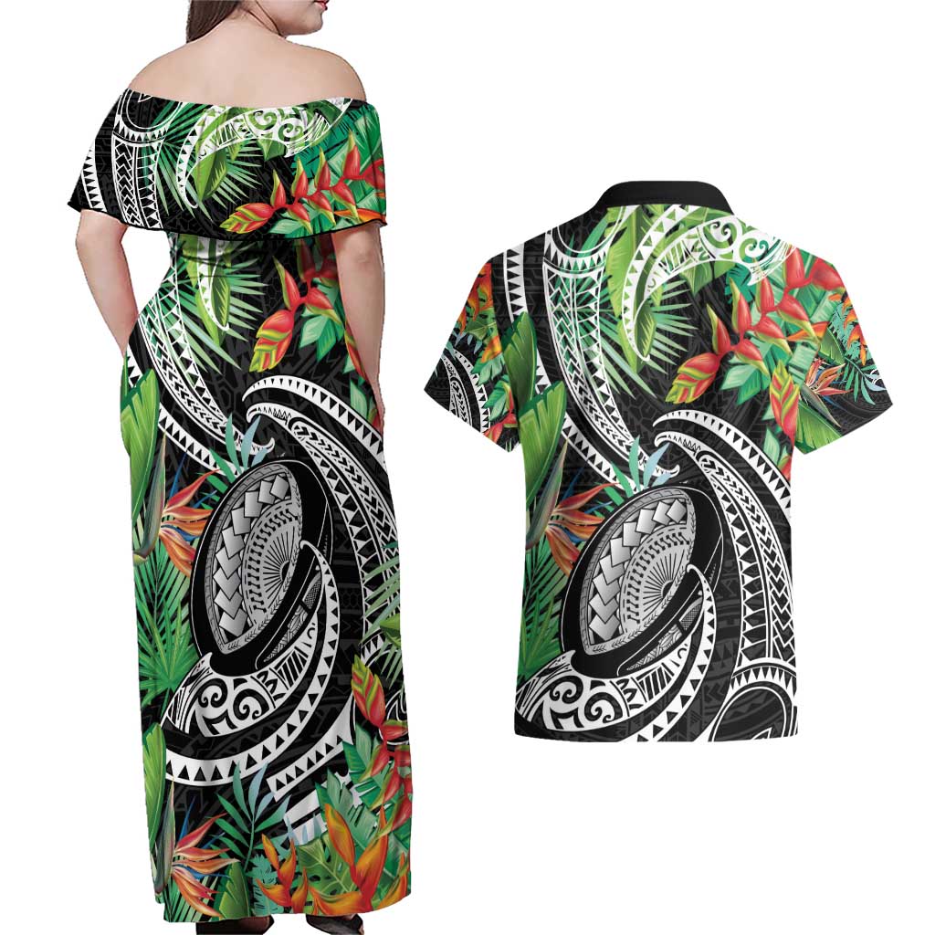 Polynesian Pacific Rugby Tribal Couples Matching Off Shoulder Maxi Dress and Hawaiian Shirt Tropical Vibe