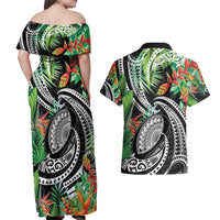 Polynesian Pacific Rugby Tribal Couples Matching Off Shoulder Maxi Dress and Hawaiian Shirt Tropical Vibe