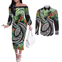 Polynesian Pacific Rugby Tribal Couples Matching Off The Shoulder Long Sleeve Dress and Long Sleeve Button Shirt Tropical Vibe