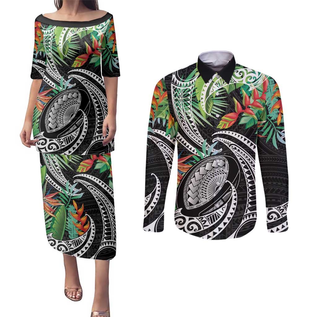 Polynesian Pacific Rugby Tribal Couples Matching Puletasi and Long Sleeve Button Shirt Tropical Vibe