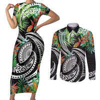 Polynesian Pacific Rugby Tribal Couples Matching Short Sleeve Bodycon Dress and Long Sleeve Button Shirt Tropical Vibe