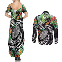 Polynesian Pacific Rugby Tribal Couples Matching Summer Maxi Dress and Long Sleeve Button Shirt Tropical Vibe