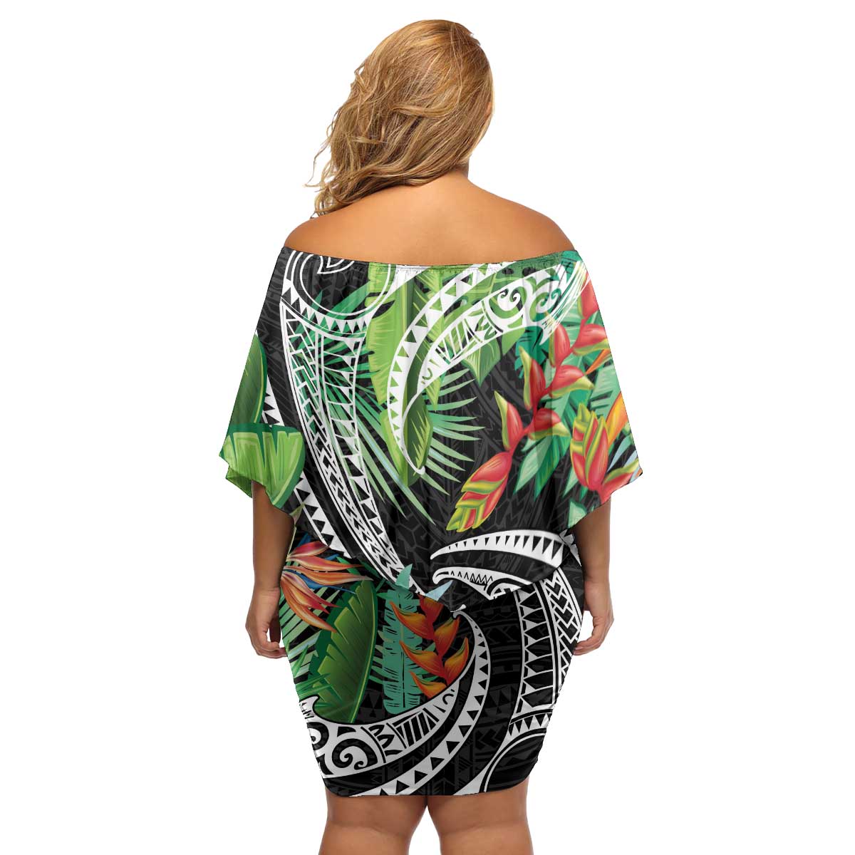 Polynesian Pacific Rugby Tribal Family Matching Off Shoulder Short Dress and Hawaiian Shirt Tropical Vibe