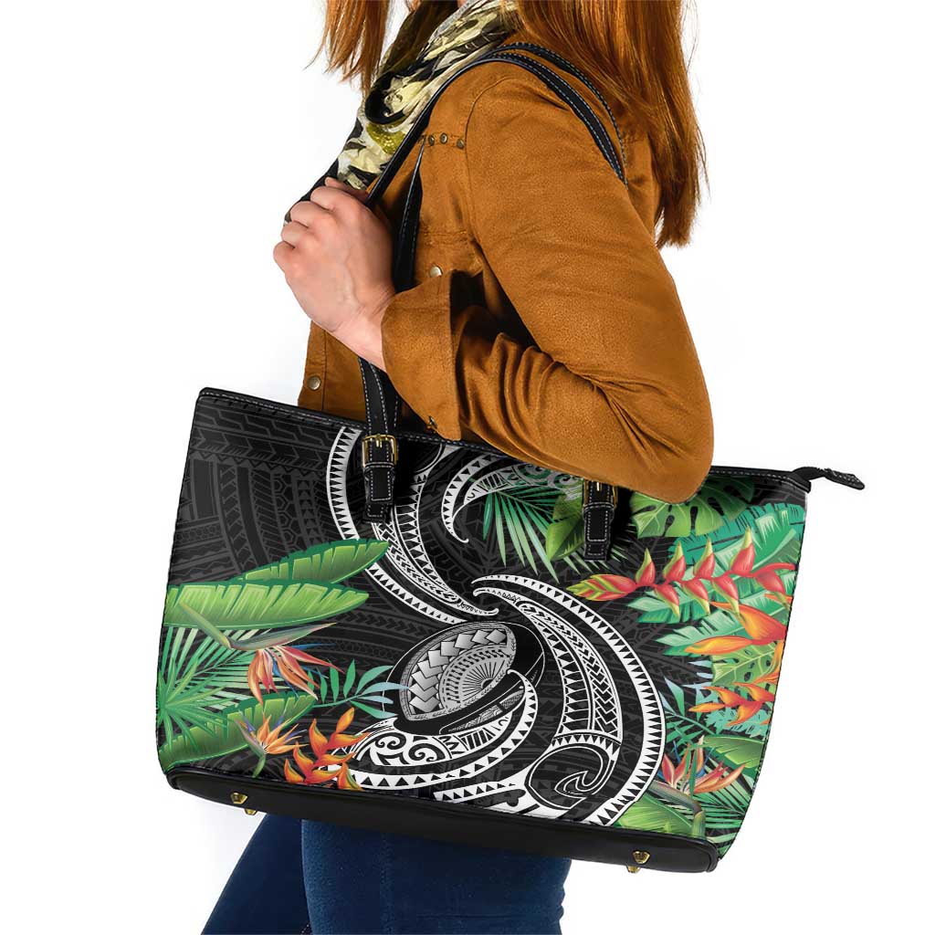 Polynesian Pacific Rugby Tribal Leather Tote Bag Tropical Vibe LT9 Black - Polynesian Pride