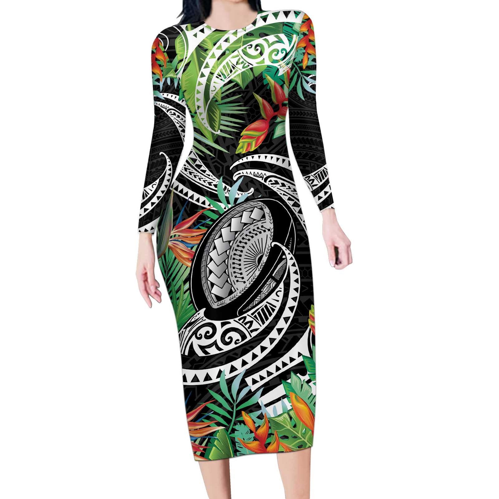 Polynesian Pacific Rugby Tribal Long Sleeve Bodycon Dress Tropical Vibe LT9 Long Dress Black - Polynesian Pride